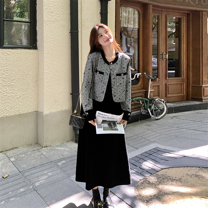 新款现货主推丝绒吊带裙+小香外套套装9883-P165-K228,女装连衣裙,2C129