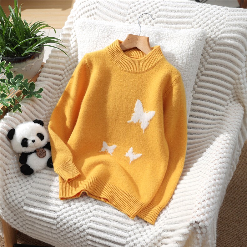 新款百搭双股加厚半高三只蝴蝶刺绣，童装儿童羊毛衫，蒙王妃