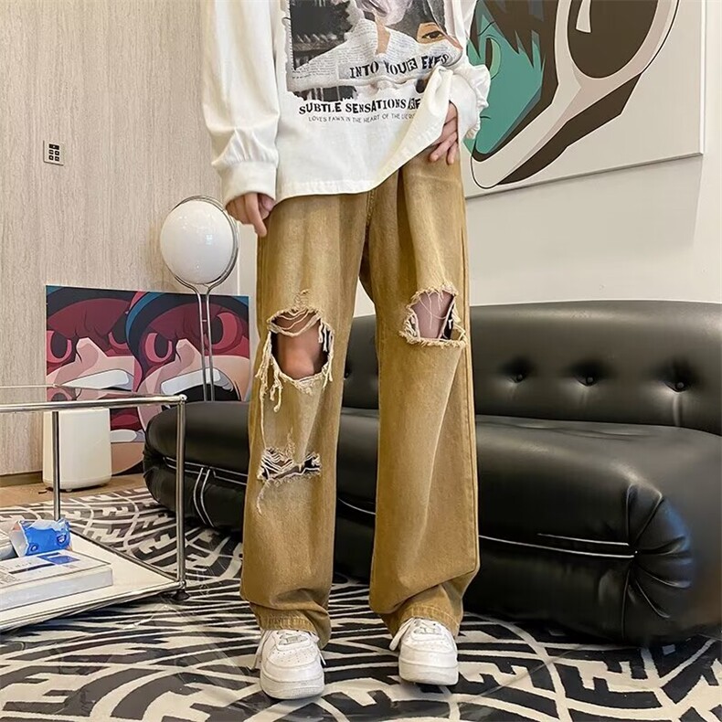 欧美嘻哈破洞牛仔裤男款街头复古宽松裤高街潮牌休闲长裤K93/P45,男装牛仔裤,星座506
