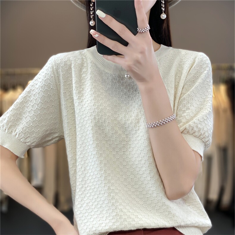 圆领100%纯棉针织短袖T恤女圆领纯色提花半袖上衣宽松棉麻打底衫,针织衫/毛衣,斯美雅电商供货