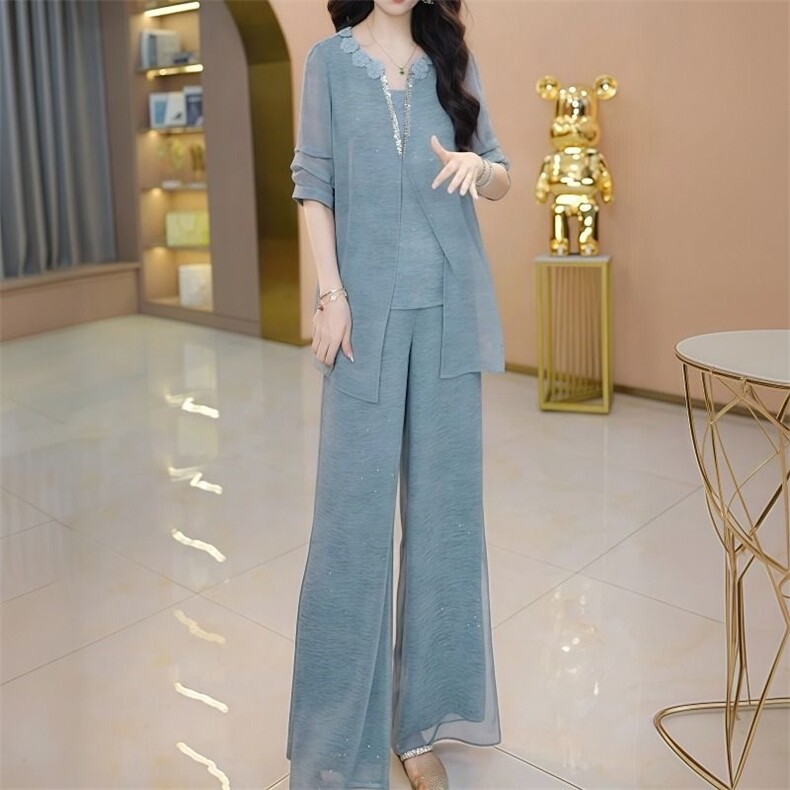 丝麻气质妈妈2026夏季阔腿裤新款两件套遮肉休闲时尚凉爽上衣套装,女装套装/套裙,超越