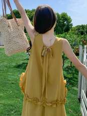 黄色度假浪漫风套装裙女2025夏季甜美气质木耳边背心半身裙两件套，女装套装/套裙，浙宝220