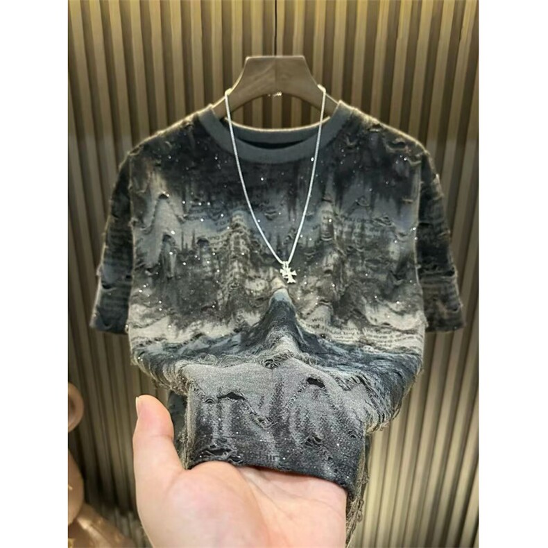 网络图现货潮流新款百搭满天星轻奢圆领上衣破洞t恤D958-P32,男装T恤,星座715-7
