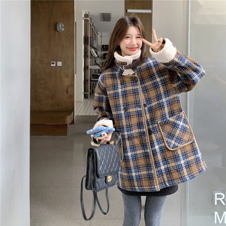 冬装新款现货皮毛一体格子外套2C271-9570-P195K278,女装毛呢外套,2C271