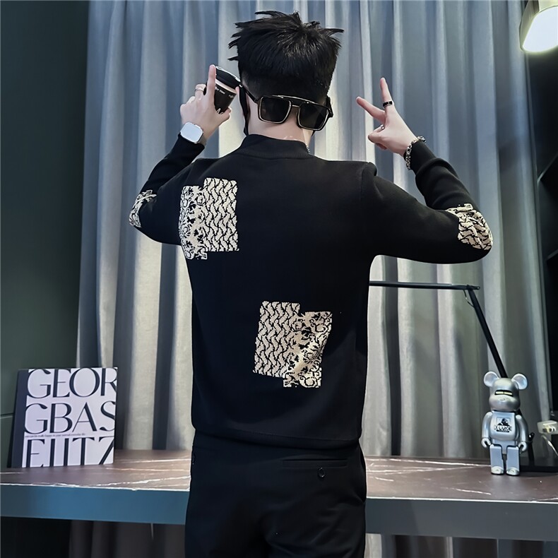 高级感撞色方块提花毛衣男社会小伙店主风301C-M104-P78控108,男装针织衫/毛衣,星座301C（原B323）