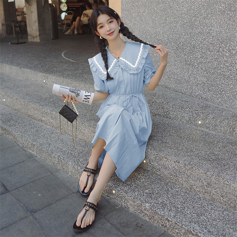 减龄开衫海军娃娃领杏色连衣裙女夏季2025新款初恋清纯奶甜长裙子,女装连衣裙,浙宝276（原081）