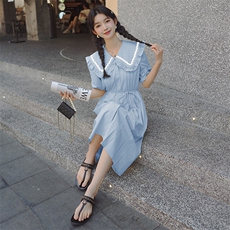 减龄开衫海军娃娃领杏色连衣裙女夏季2025新款初恋清纯奶甜长裙子，女装连衣裙，浙宝276（原081）
