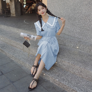 减龄开衫海军娃娃领杏色连衣裙女夏季2025新款初恋清纯奶甜长裙子图片