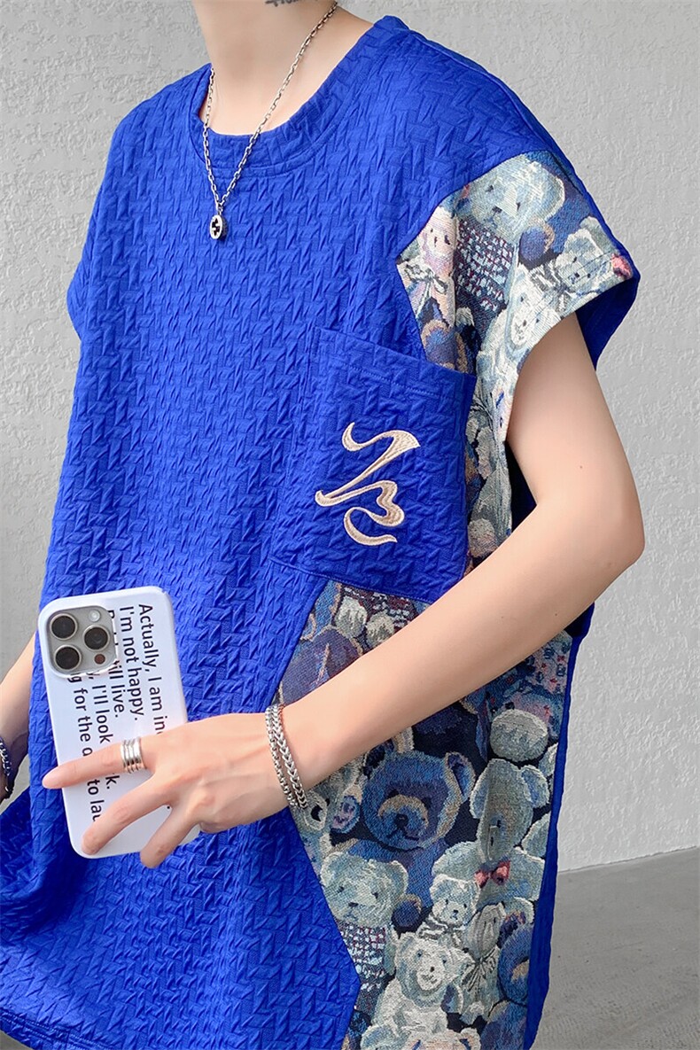 现货DSA059-T10037-P32夏季新款撞色拼接小熊大码无袖T恤,男装T恤,电商A059