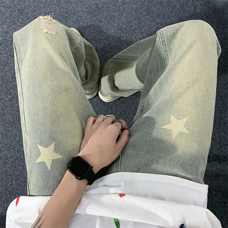 新款牛仔裤街头潮流复古简约宽松直筒阔腿长裤子N01465-P45,男装牛仔裤,星座308B-2