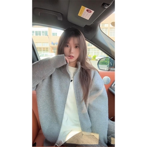 重磅秋冬北极绒双拉链毛衣开衫美式复古休闲慵懒风宽松针织衫外套图片