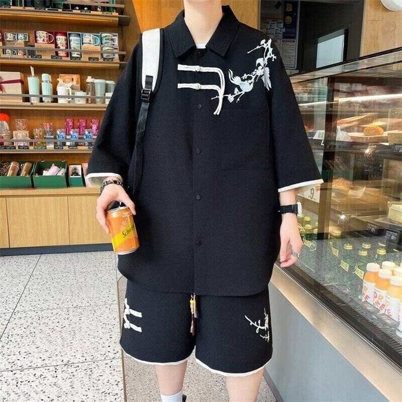 TZ24326-特P60港风套装新中式男青少年运动休闲衬衫短裤两件套,男装衬衫,电商D310B