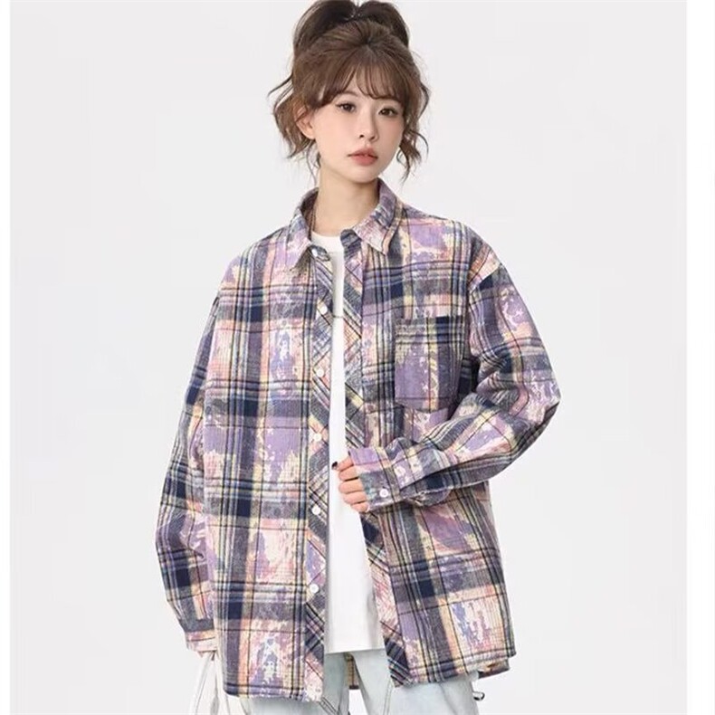 TC483-P45美式复古扎染格子衬衫高级感长袖衬衣情侣款外套,女装衬衫,星座617A-2