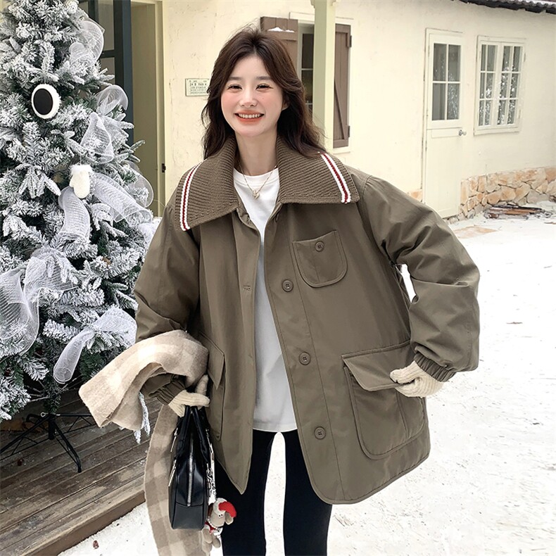 现货军绿色拼接毛线领内胆90白鸭绒加厚外套5833-P275-K408,女装羽绒服,2C159