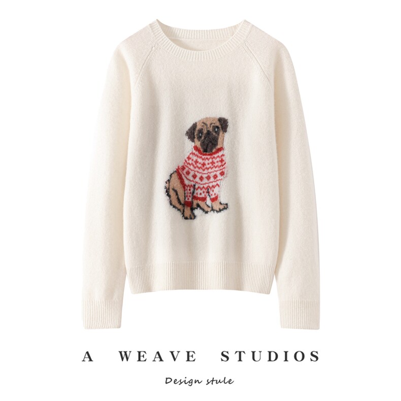 2025年秋季新款百搭小狗刺绣圆领套头，女装针织衫/毛衣，戎魅羊绒