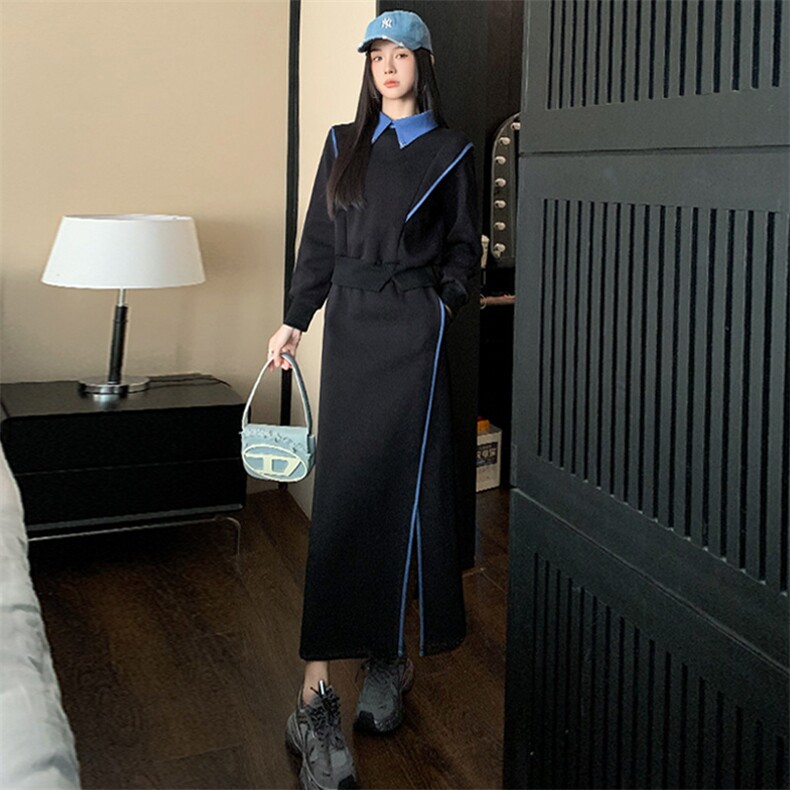 女春季撞色拼接收腰卫衣开叉半身裙两件套,女装套装/套裙,江南