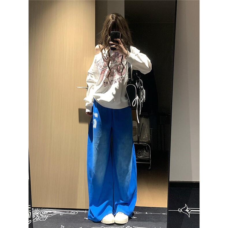 【现货】D5323-特批43美式复古水洗渐变蓝色阔腿抽绳男女运动裤潮,女装休闲裤,星座603-2
