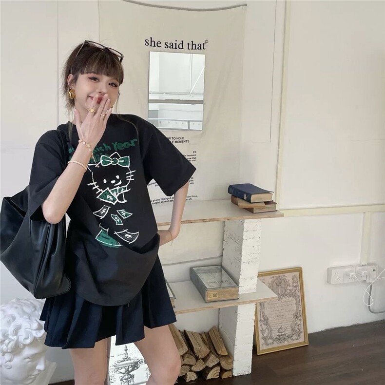 休闲百搭的配色韩版宽松版型KT猫短袖T恤,女装T恤,湘姗