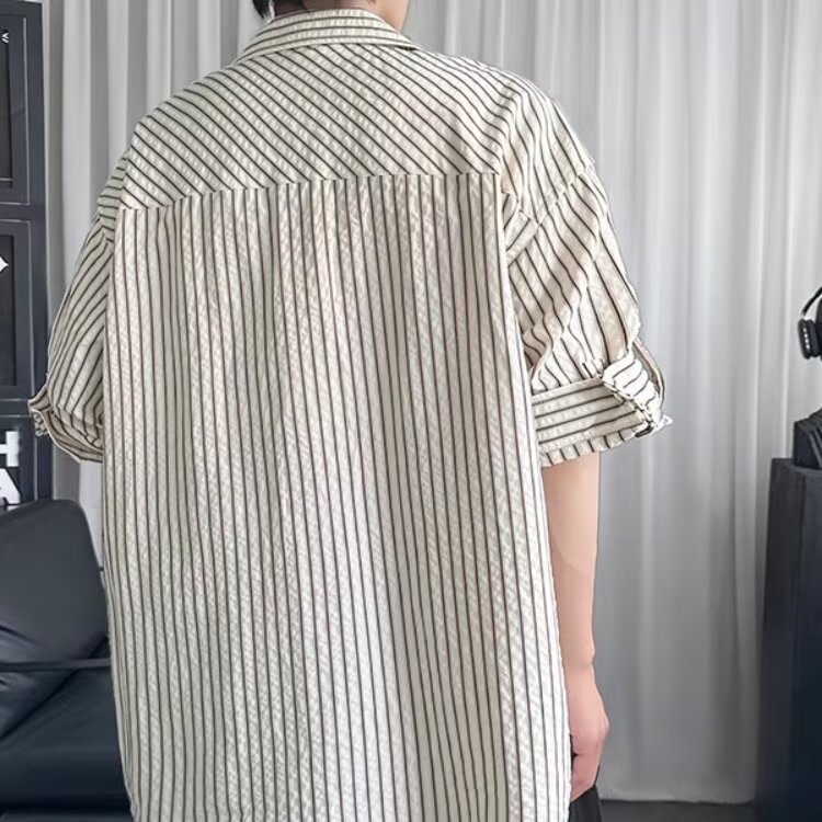 夏季复古青少年斜襟条纹衬衫男设计感小众韩版宽松五分袖T恤上衣,男装T恤,星座516A