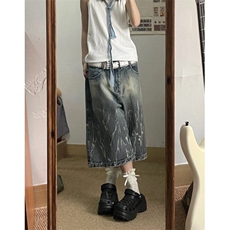 大码美式复古闪电爆裂纹牛仔七分裤夏季新款高腰宽松阔腿中裤子，男装牛仔裤，星座601-1
