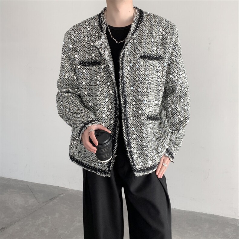 小香风短款无领夹克外套男夜店舞台亮片垫肩西服JK223P135，男装夹克，星座512-1（原513-3）