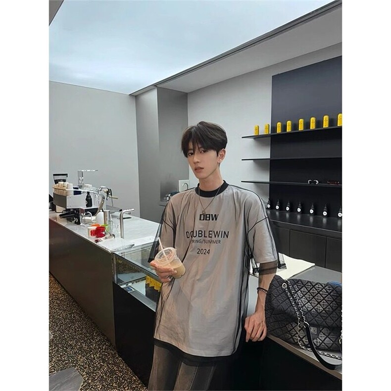 【网图现货】美式复古假两件网纱短袖T恤T52/P35,男装T恤,星座205-3