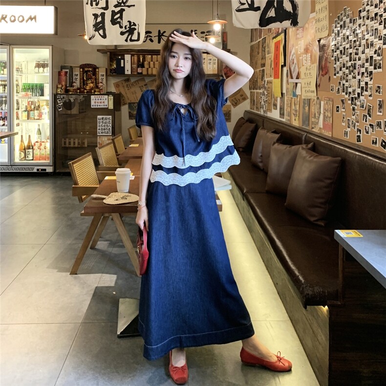 2025年夏季新款牛仔拼蕾丝花边两件套P155K218,女装套装/套裙,帛锦泉