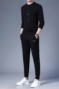 中年休闲运动套装男2023秋季爸爸装圆领套头卫衣中老年人男两件套图片