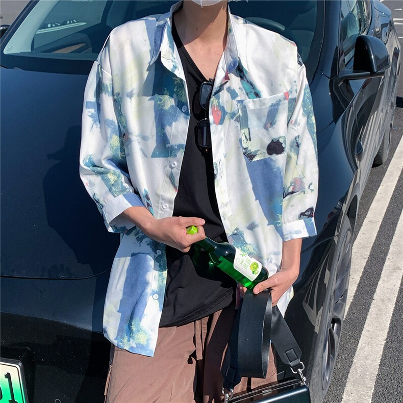 2026夏休闲水墨画冰丝凉感短袖五分袖半袖衬衫CS29/特P30浅蓝3,男装衬衫,电商A094