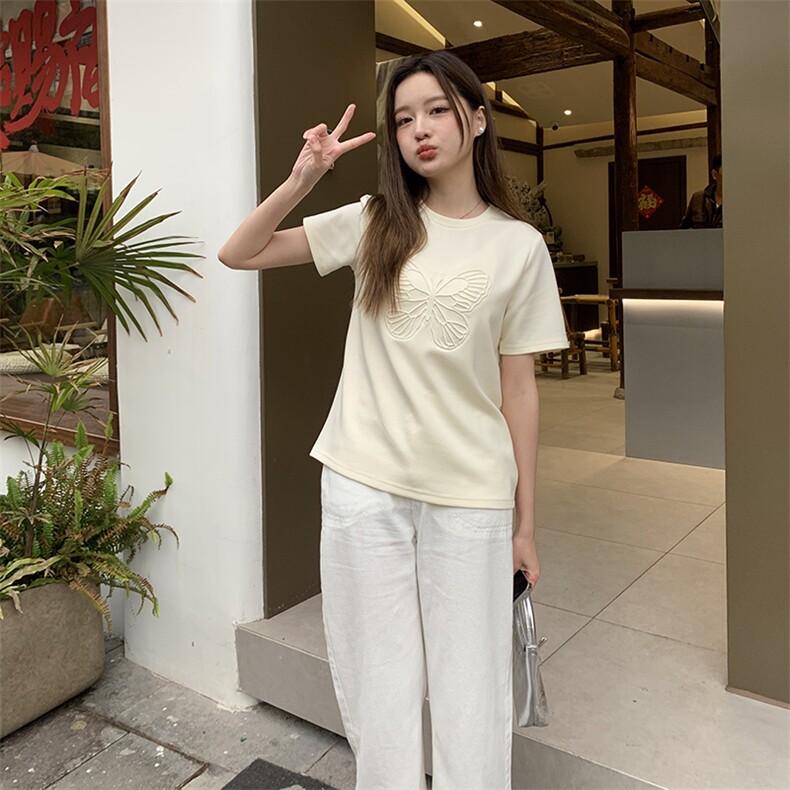 现货已出，2024夏季前片蝴蝶印花P45-K75,女装T恤,慧峰