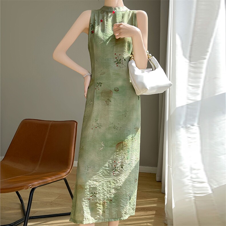 夏季2024新款女年轻款少女改良版连衣裙复古日常短袖中长裙，女装汉服/婚纱/旗袍/礼服，圣丽羊绒