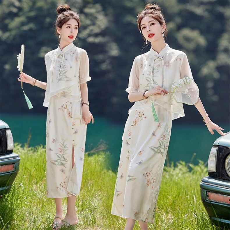 新中式国风套装女夏高级感2024新款气质绝美改良旗袍套装裙两件套,女装套装/套裙,韩蜜菓