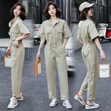 立领连衣裤2021夏装新款简约时尚百搭工装风抽绳收腰显瘦连体裤女，女装连体裤，辉之琳