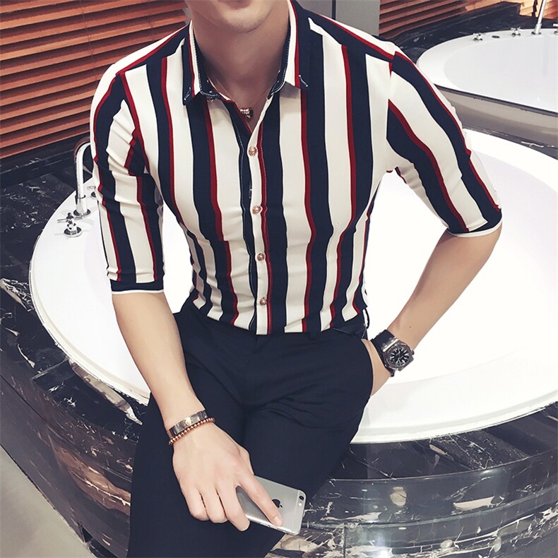 Y8450-夏季清凉时尚麻男条纹中袖衬衫七分袖衬衣潮大码衬衣P35,男装衬衫,星座717A