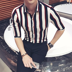 Y8450-夏季清凉时尚麻男条纹中袖衬衫七分袖衬衣潮大码衬衣P35，男装衬衫，星座717A