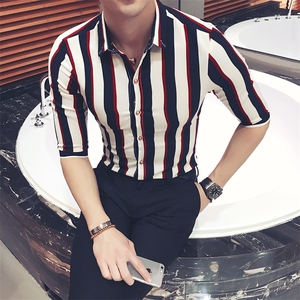 Y8450-夏季清凉时尚麻男条纹中袖衬衫七分袖衬衣潮大码衬衣P35图片