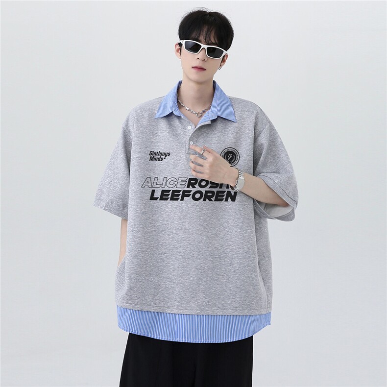 夏季清爽少年感假两件美式复古潮牌设计感POLO衫短袖T恤T282-P48,男装Polo衫,电商C307