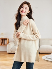 慵懒风高领毛衣女宽松中长款灰色针织羊毛衫秋冬2025加厚保暖内搭，女装羊毛衫，艾米