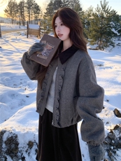 撞色翻领木耳边羊毛呢外套女冬季夹棉保暖呢子夹克女，女装棉衣/棉服，水衣源