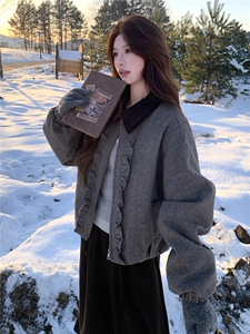 撞色翻领木耳边羊毛呢外套女冬季夹棉保暖呢子夹克女图片