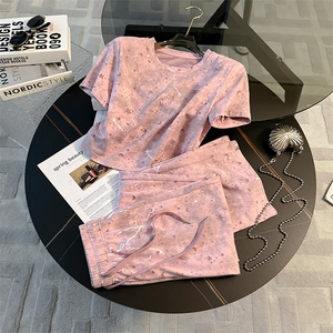 盐系轻熟时尚休闲运动时尚套装女夏季圆领短袖宽松阔腿长裤两件套图片