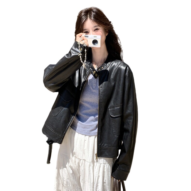 复古黑色短款皮衣外套女2025秋季高级感小个子休闲酷飒风机车夹克,女装皮衣,2C258