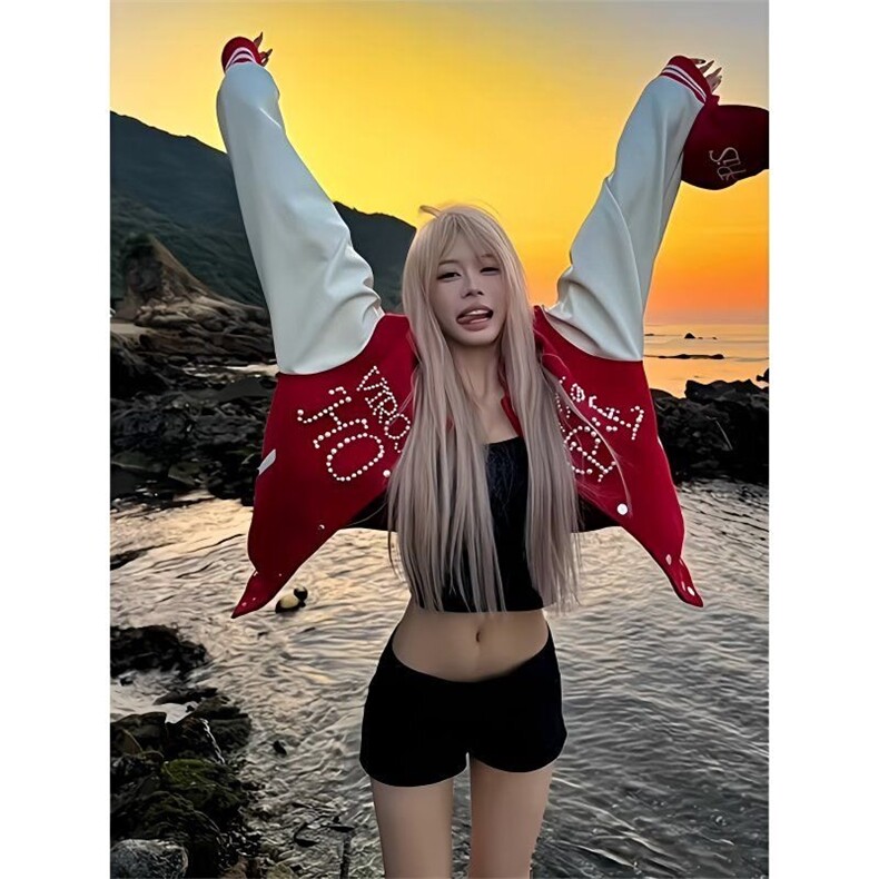 【现货】DW1013-P95美式红色珍珠棒球服外套多巴胺穿搭夹克情侣潮，男装夹克，星座603-2