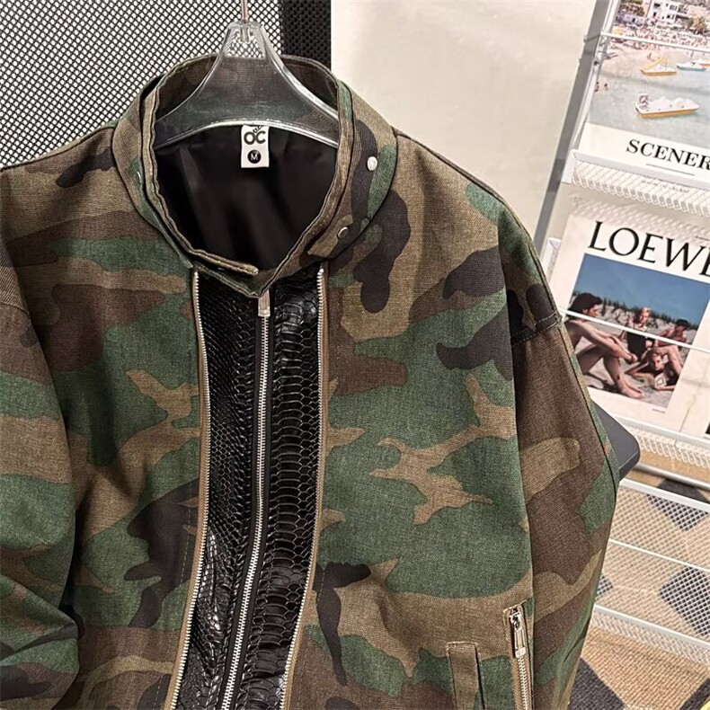 欧美外单迷彩风男女情侣款立领外套秋款拉链宽松大码休闲上衣新款，女装短外套，星座601-1