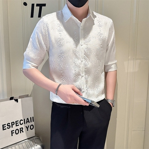 店主风社会小伙男士褶皱花泡七分袖衬衫男衬衣301A-1/CS569/P55图片