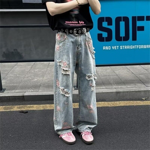 复古水洗牛仔裤男女潮牌宽松百搭直筒长裤男4126 P49图片