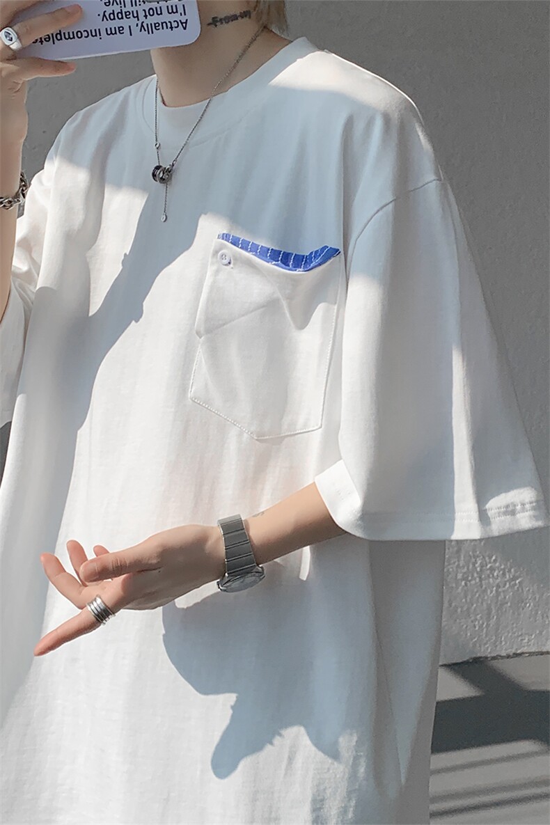韩式简约短袖T恤设计感T恤美式复古条纹口袋短袖T恤半袖特批30,男装T恤,电商B319