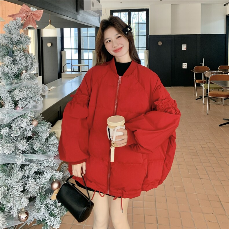 新年红色花边棒球羽绒服女2025新款韩版加厚宽松休闲90白鸭绒外套,女装羽绒服,维壹