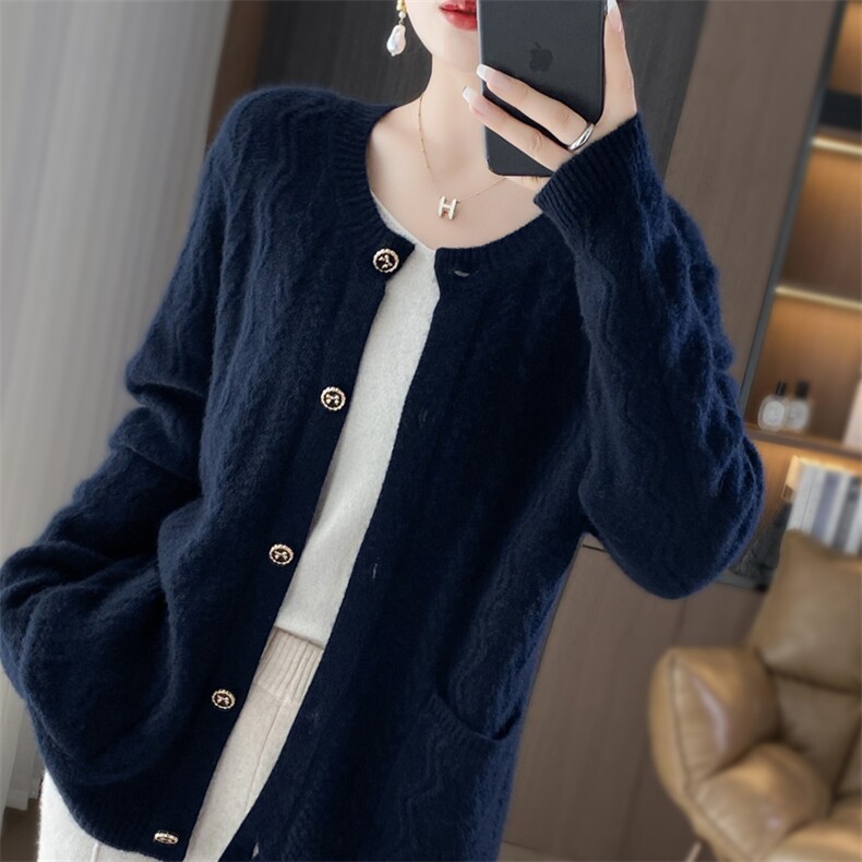 25春秋新款圆领100%纯羊毛开衫女时尚麻花羊绒衫宽松短款外搭毛衣，女装羊毛衫，鑫源羊绒