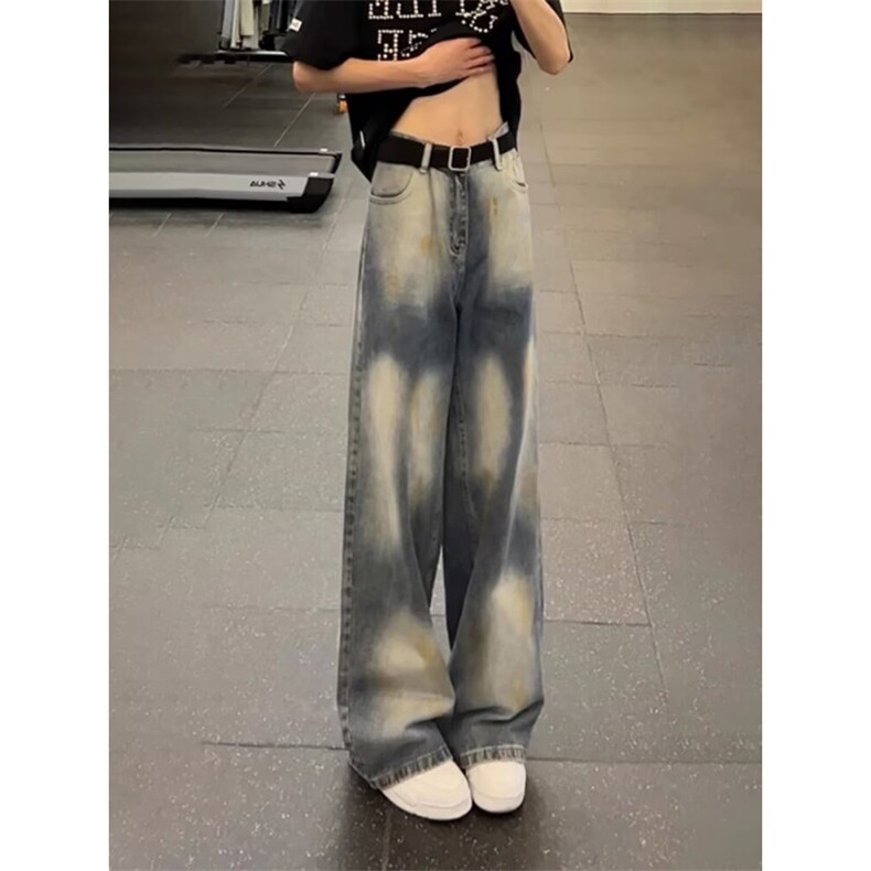韩风做旧蓝vibe牛仔裤垂感宽松直筒水洗高腰拖地阔腿裤图片